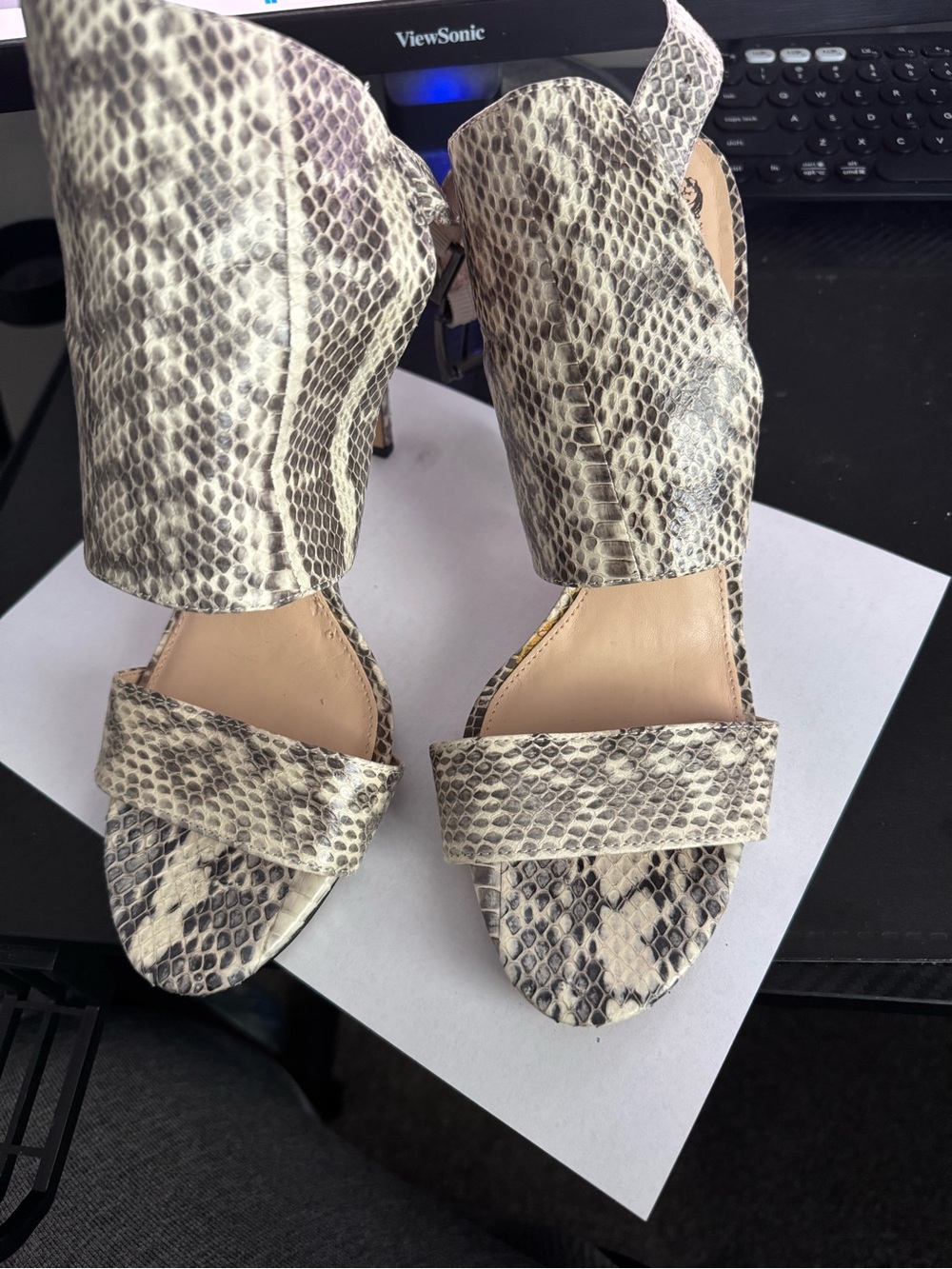 Vince Camuto Snake-Print Open-Toe Heels in Neutral Python